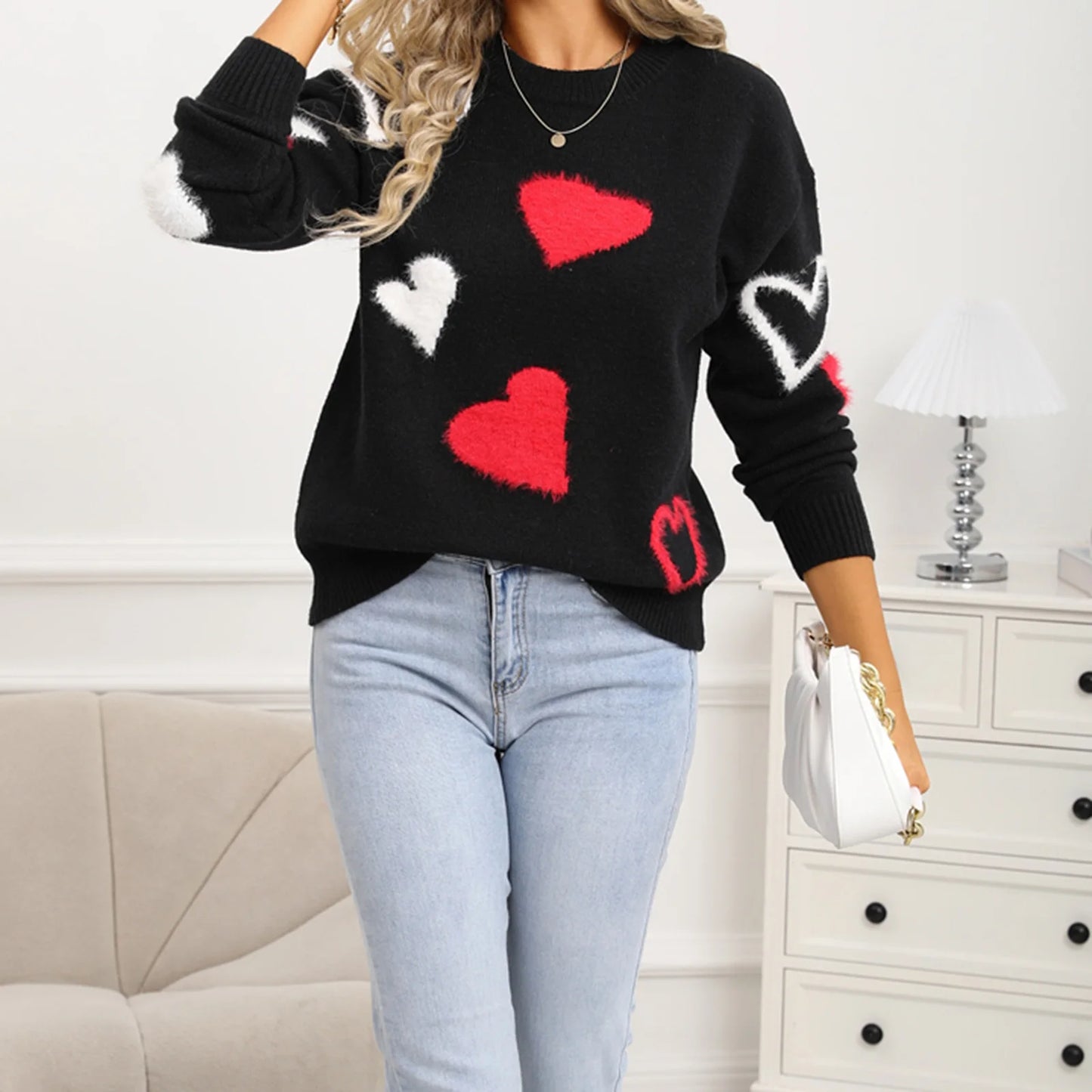 Valentine s Day Women s Sweater with Heart Pattern Long Sleeve Round Neck Knit Pullover Top for Winter Wear