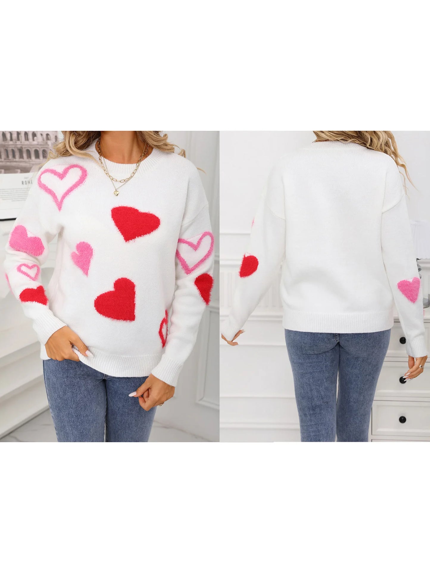 Valentine s Day Women s Sweater with Heart Pattern Long Sleeve Round Neck Knit Pullover Top for Winter Wear