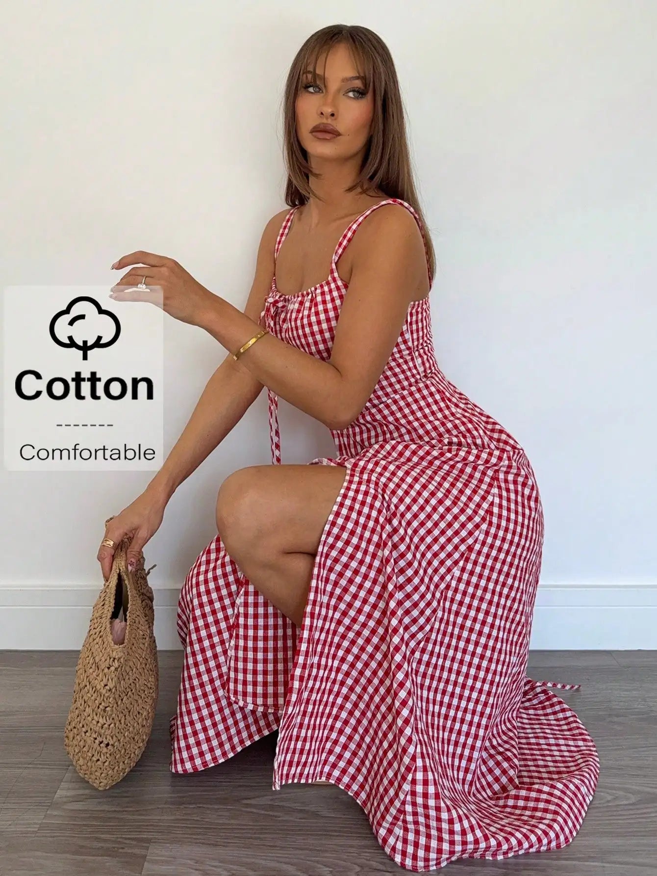 Red Gingham Women's Mid-Calf Dress with Spaghetti Straps, Casual Summer Style, Cotton Comfortable Fit