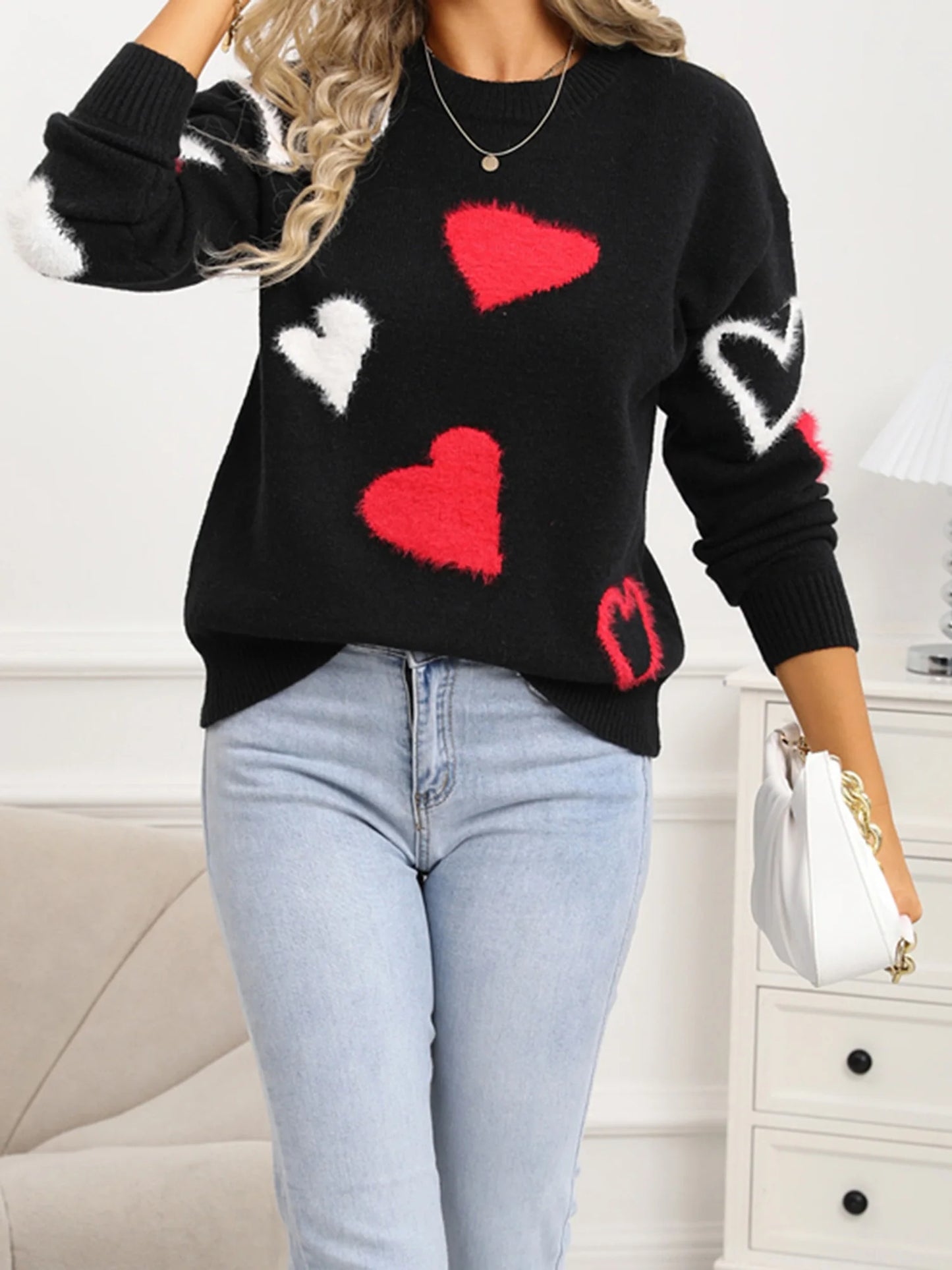 Valentine s Day Women s Sweater with Heart Pattern Long Sleeve Round Neck Knit Pullover Top for Winter Wear