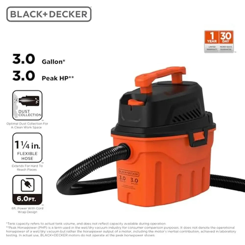 3 Gallon 3.0 Peak HP Portable Wet Dry Shop Vacuum Cleaner with Accessories Lightweight Strong Suction Blower Mode for Home and Pet Use