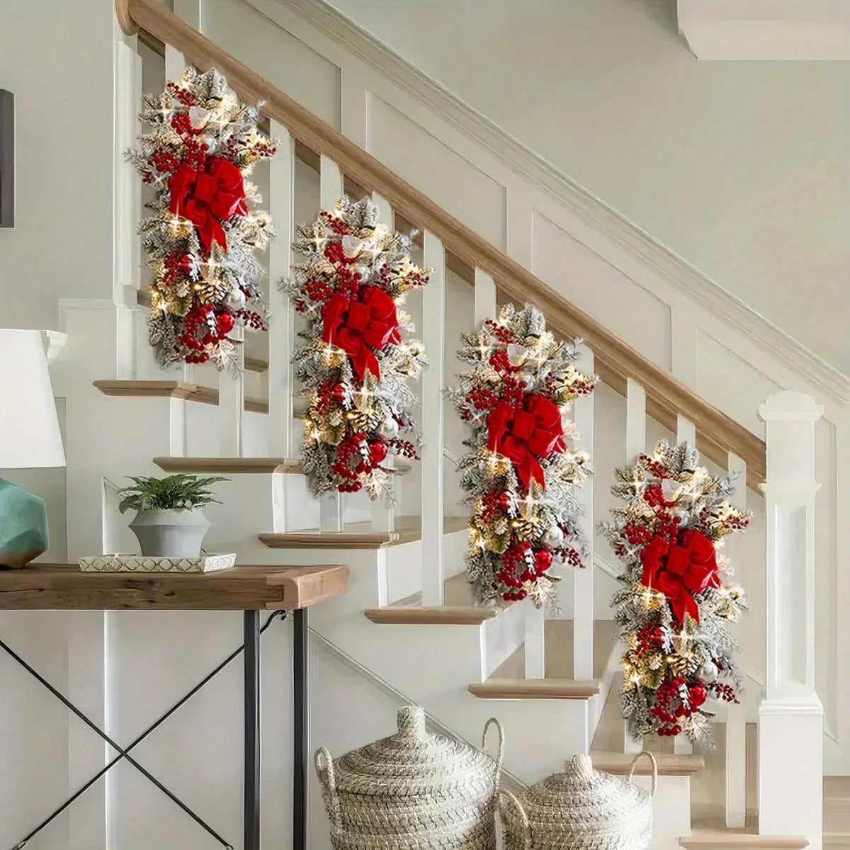 6Pcs Pre-Lit Stairway Christmas Swags Christmas Staircase Decorations Artificial Stairs Christmas Garland with Lights