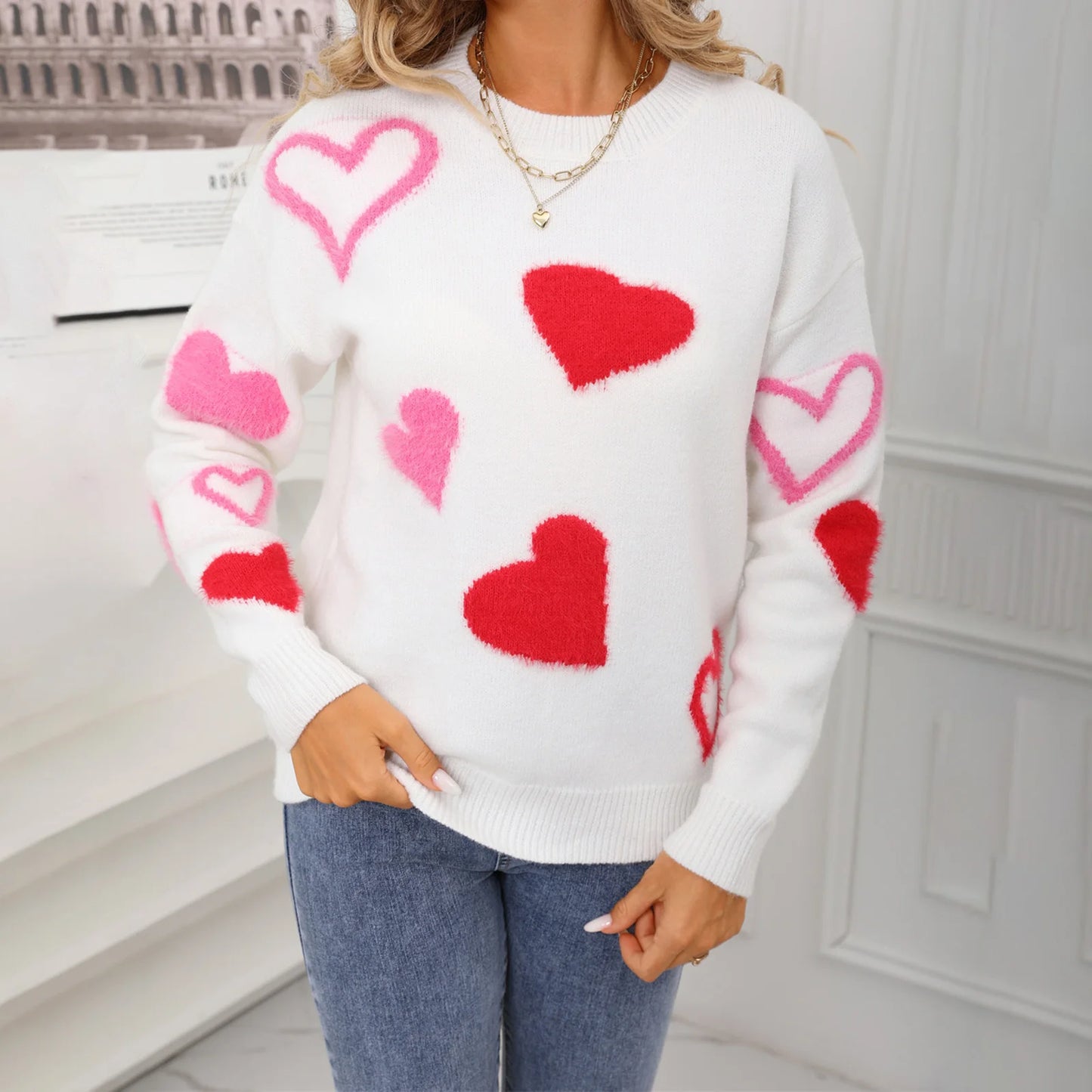 Valentine s Day Women s Sweater with Heart Pattern Long Sleeve Round Neck Knit Pullover Top for Winter Wear