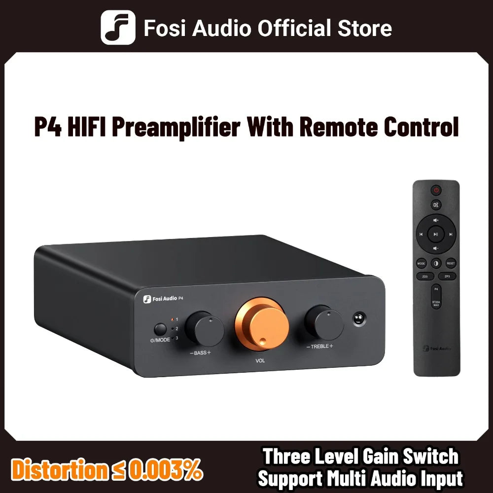 Fosi Audio P4 HiFi Preamplifier with 3 RCA Inputs EQ Bypass Swappable Op-Amps Treble and Bass Tone Control for Audiophile Systems