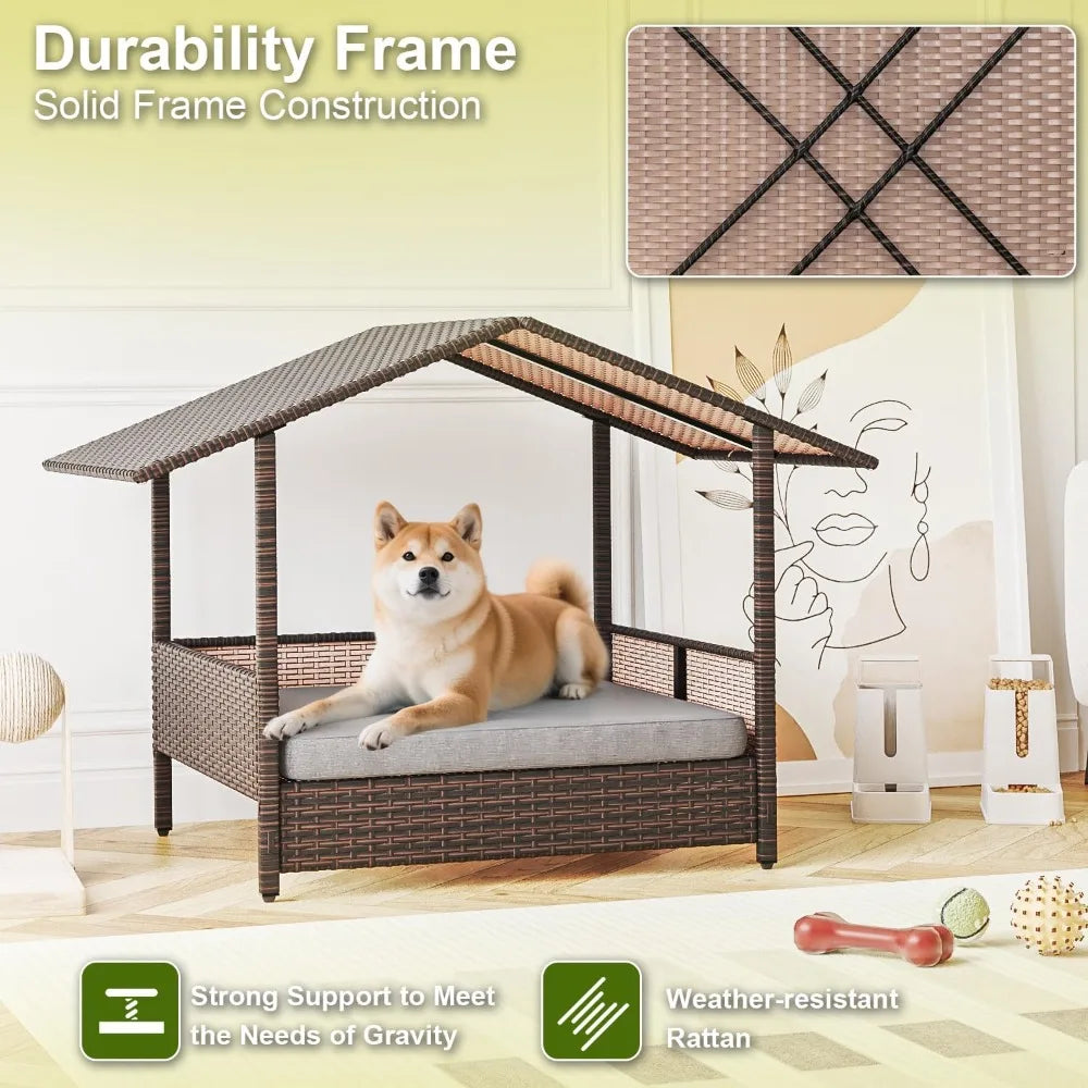 Wicker Dog Bed House for Small Medium Large Dogs Outdoor Indoor Rattan Pet Home Elevated Shelter Dog Bed with Cushion