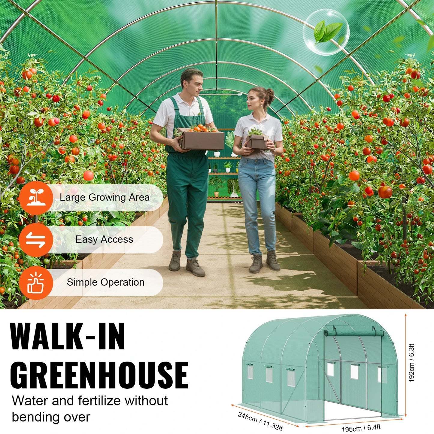 SucceBuy Walk In Tunnel Greenhouse Hoop House Steel Frame PE Cover Roll Up Zipper Door 345x195x192 cm