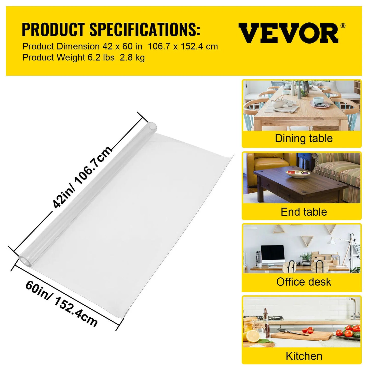 SucceBuy 1.5mm PVC Transparent Clear Table Cloth Desk Cover Protector Plastic Soft Glass Waterproof Oilproof for Dining Table
