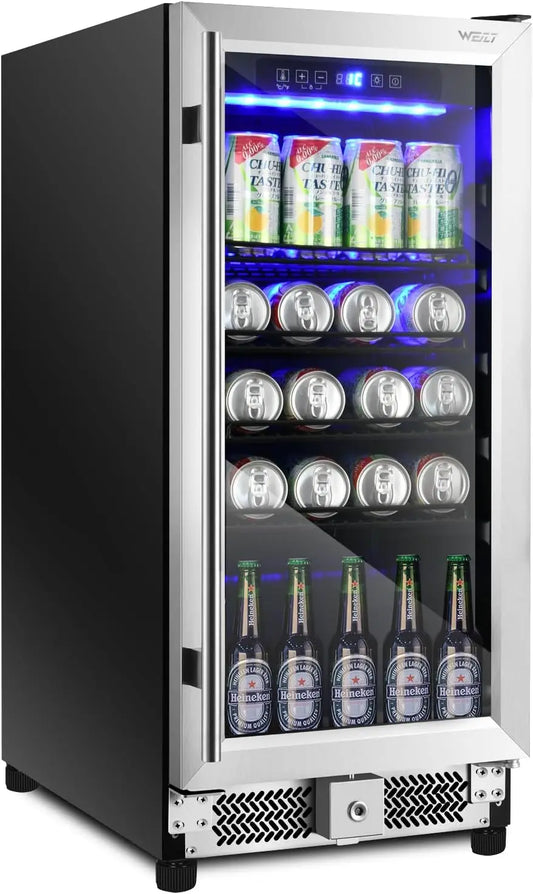 15 Inch Refrigerator with Lock and Glass Door 78 Cans Under Counter Drink Cooler Fridge for Beer and Soda