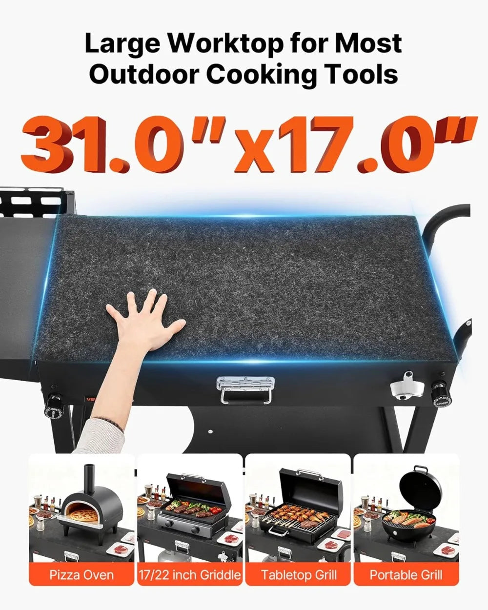 Outdoor Grill Cart, 31x17in Foldable BBQ Table with Wheels, Side Table, Tissue Holder, Hooks, for Picnic Kitchen