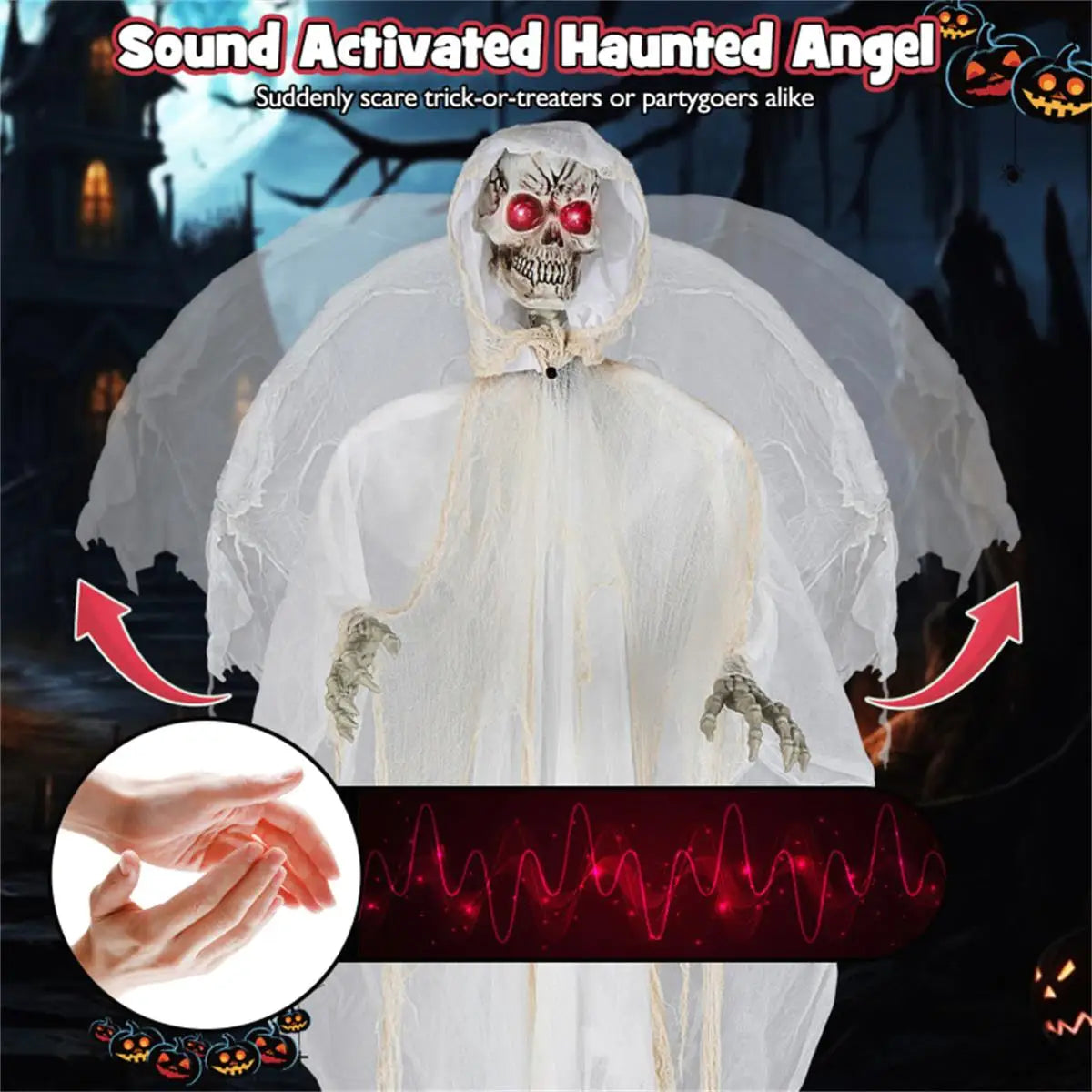 8.3ft Halloween Haunted Angel with Glowing Eyes and Moving Wings Spooky Decoration