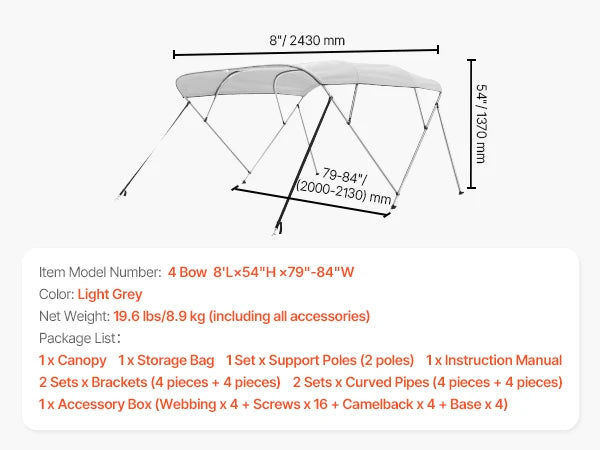 VEVOR 4 Bow Boat Bimini Tops 600D Polyester Canopy with Aluminum Alloy Frame Waterproof & Sun Shade Boat Awning Canopy Grey/Blue