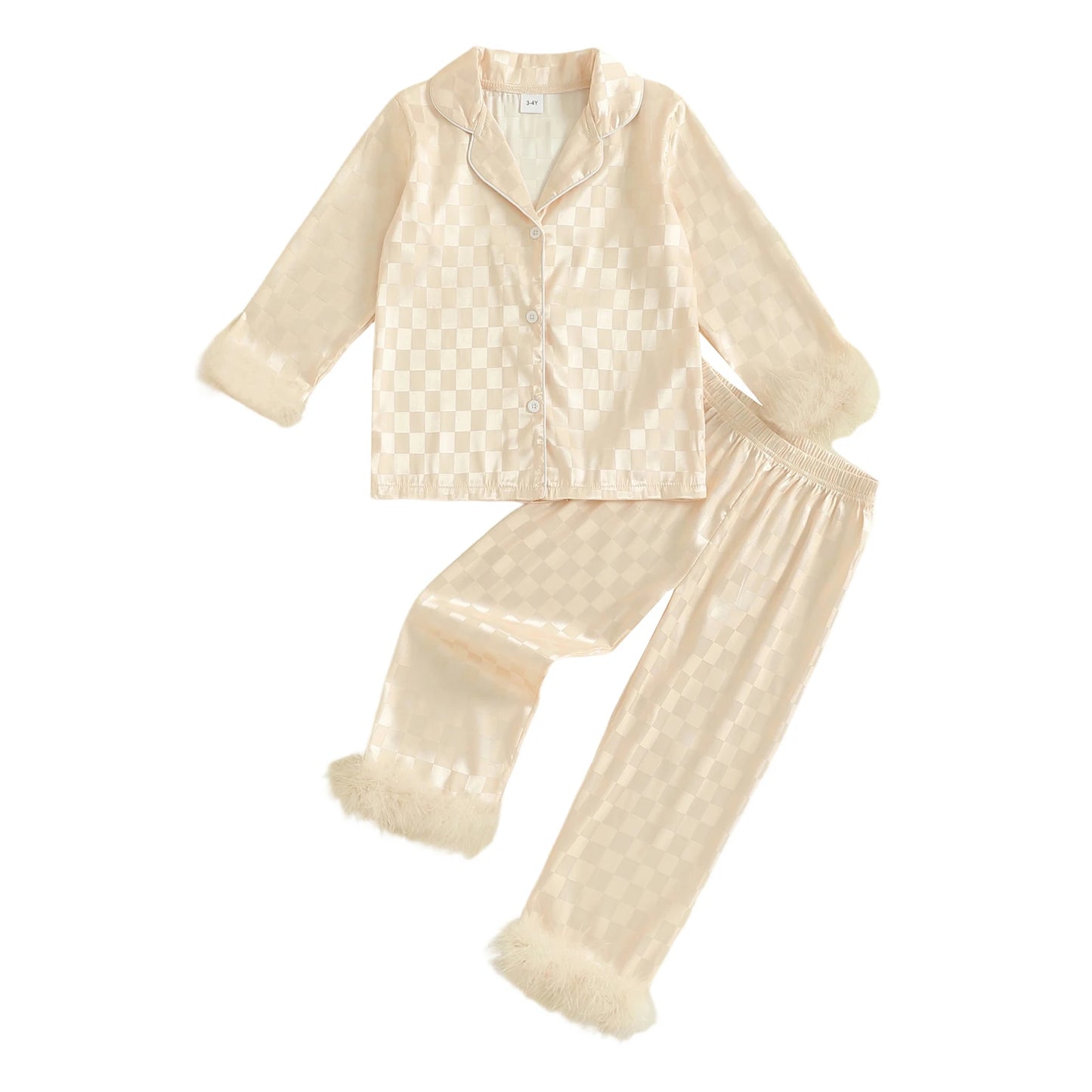 Adorable Infant Girls Checkered Pajama Outfits Stylishly Adorned with Faux Fur Lapel V-Neck Long Sleeve Blouses and Trousers