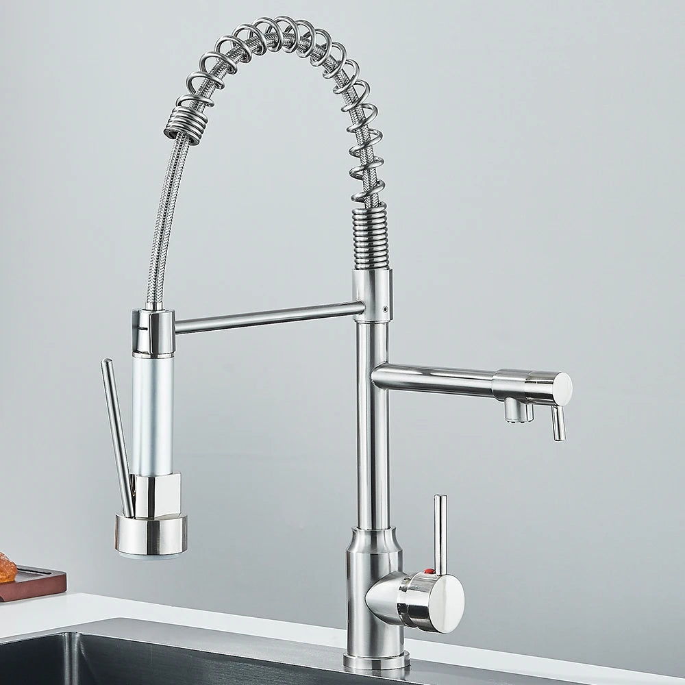 Pull Down Spring Kitchen Faucet Single Lever Hot Cold Mixer Water Dual Spout Nozzle Stainless Steel