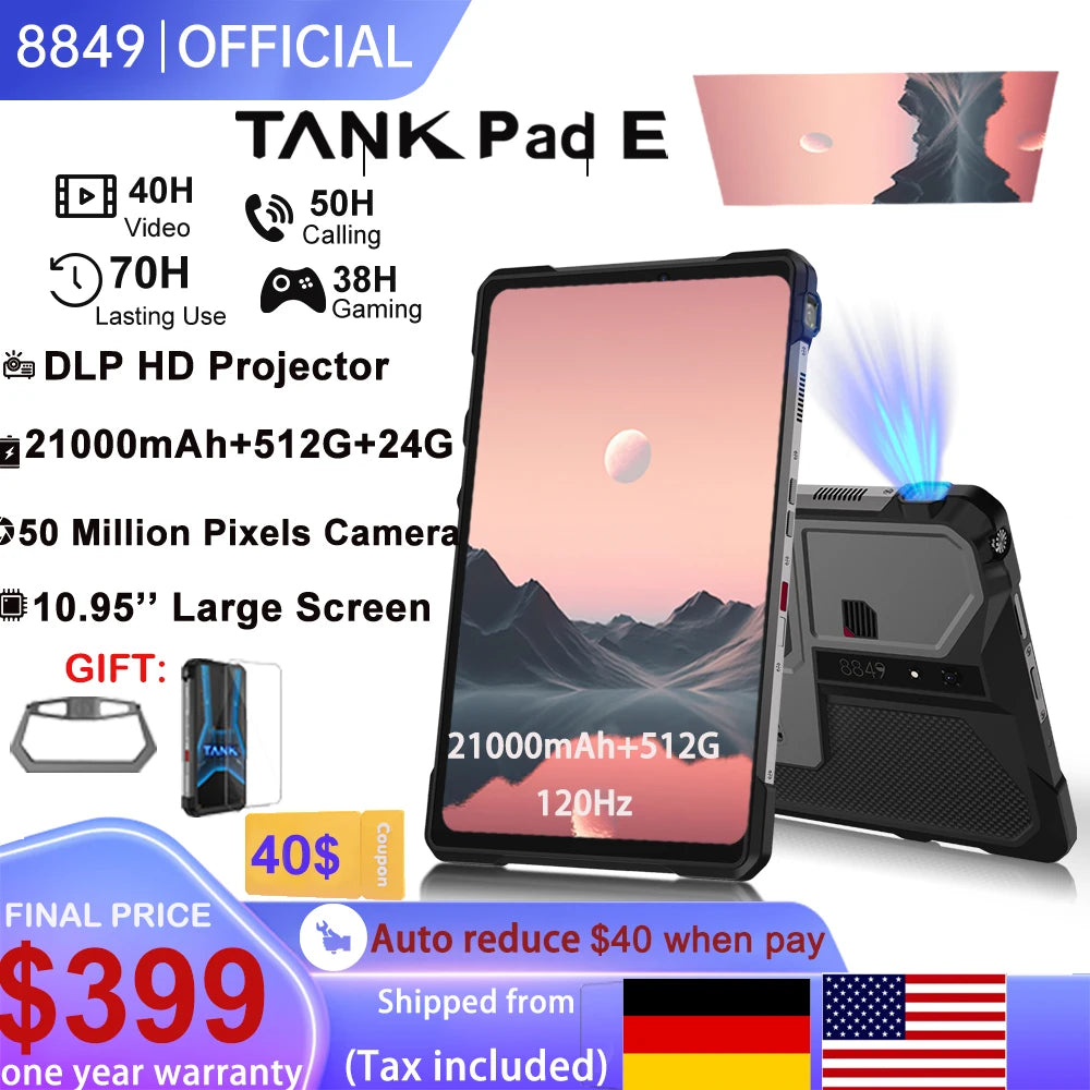 8849 TANK PAD E Unihertz Rugged Projector Tablet Android 14 Smartphone 10.95 inch 120Hz 24GB 512G 21000mAh 50MP 66W Phone Tablet
