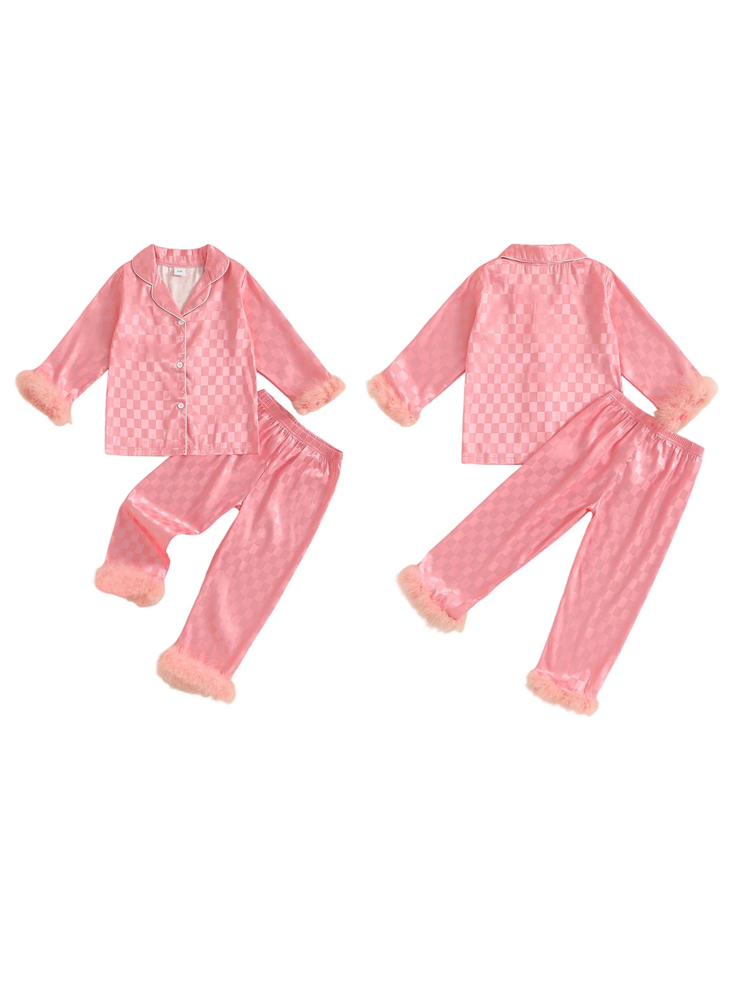 Adorable Infant Girls Checkered Pajama Outfits Stylishly Adorned with Faux Fur Lapel V-Neck Long Sleeve Blouses and Trousers