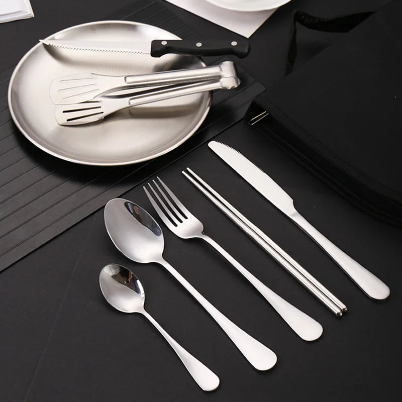 Outdoor Stainless Steel Cutlery Set Portable Travel Camping High End Barbecue Plate Food Clip Knife Fork Spoon
