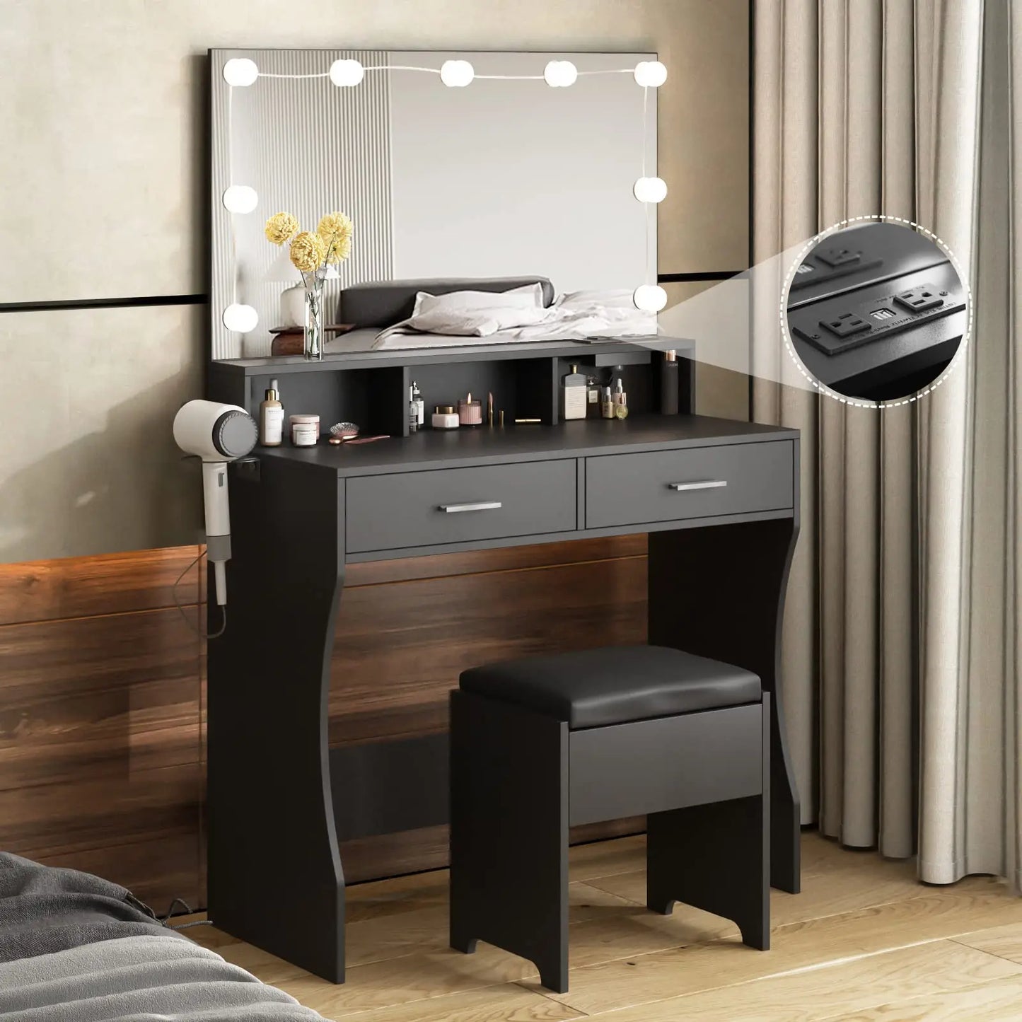 Vabches Vanity Desk with Lights Mirror Makeup Vanity Table and Power Outlet 2 Drawer Set with Chair Wooden Dressing Table