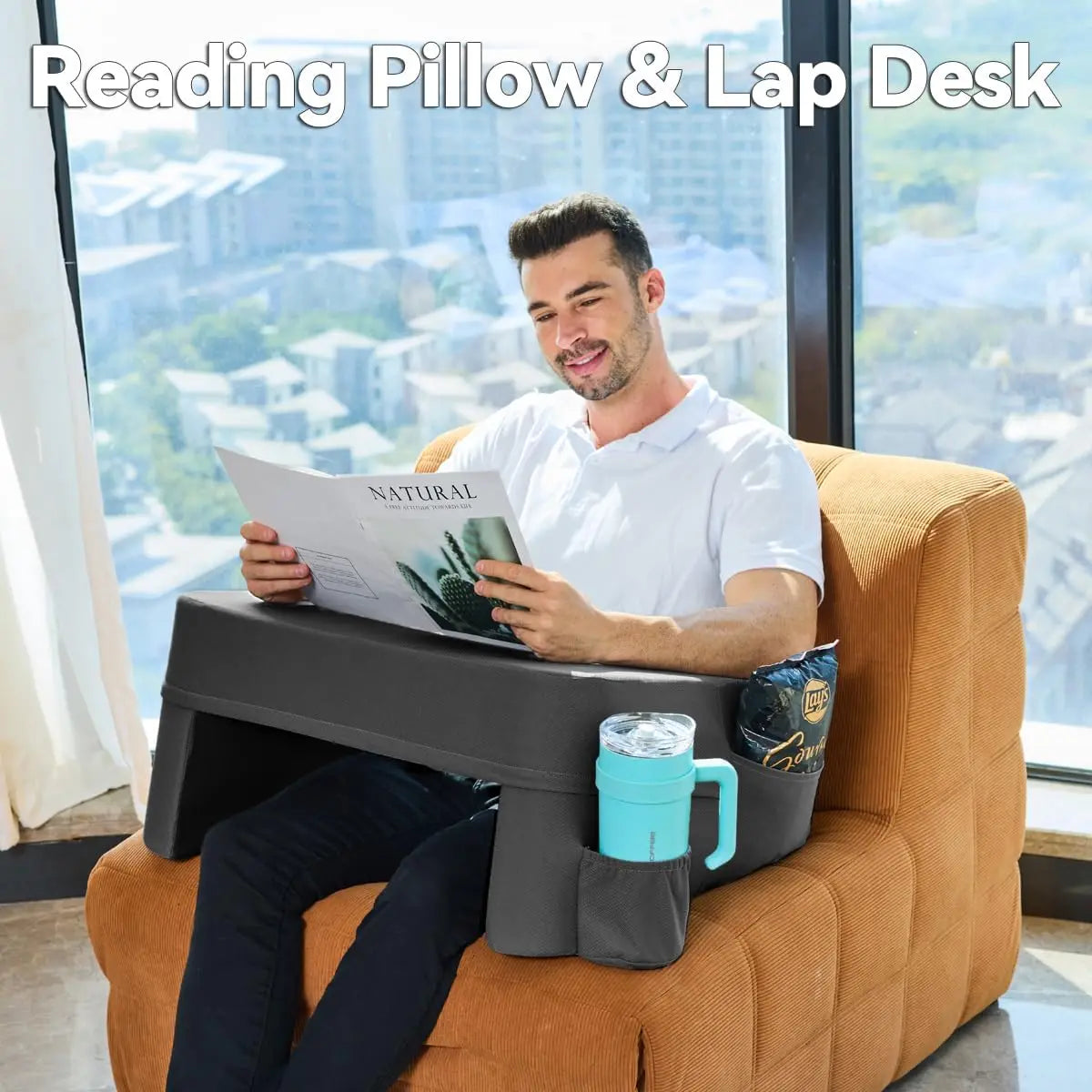 Reading Pillow for Bed,Reading Pillows for Sitting in Bed Adult with Cup Holder Pocket,Comfort Laptop Lap Desk for Couch