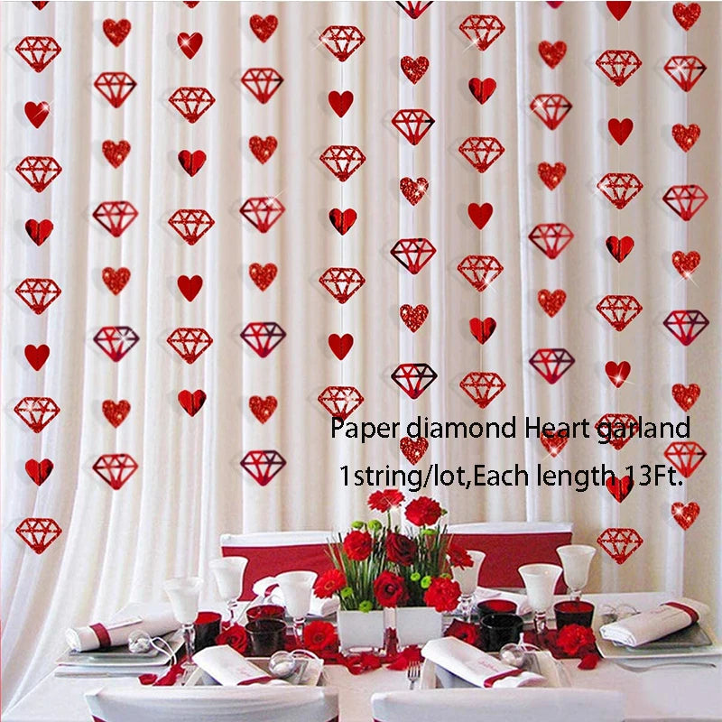 Glitter Red Wedding Decoration Heart Banner Garlands Hanging Streamers for Anniversary Engagement Bridal Shower Birthday Party