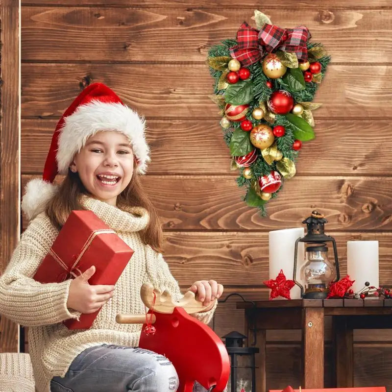 Christmas Wreath Artificial Magnolia Leaves Christmas Teardrop With Red Gold Ball Ornaments Bow Knot Decor Winter Christmas Home