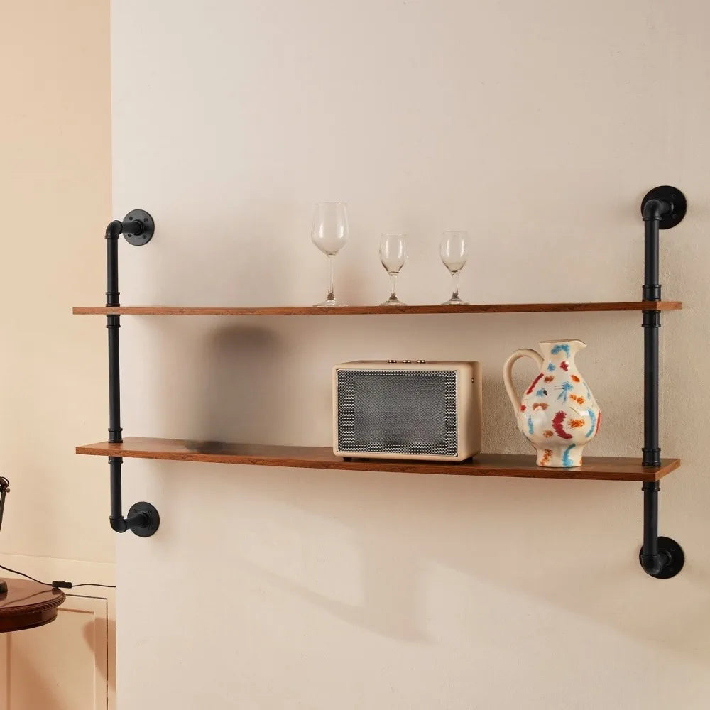 2 Tier Industrial Pipe Shelf 48x9.84 Inches Wall Mounted Storage Solution for Kitchen and Bedroom Organization