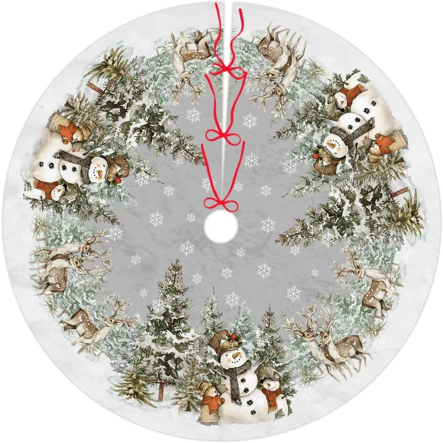 Snowman Christmas Tree Skirt 36 Inch Reindeer Snowflakes Xmas Tree Decorations for Winter Holiday Party Home Decor Indoor Outdo