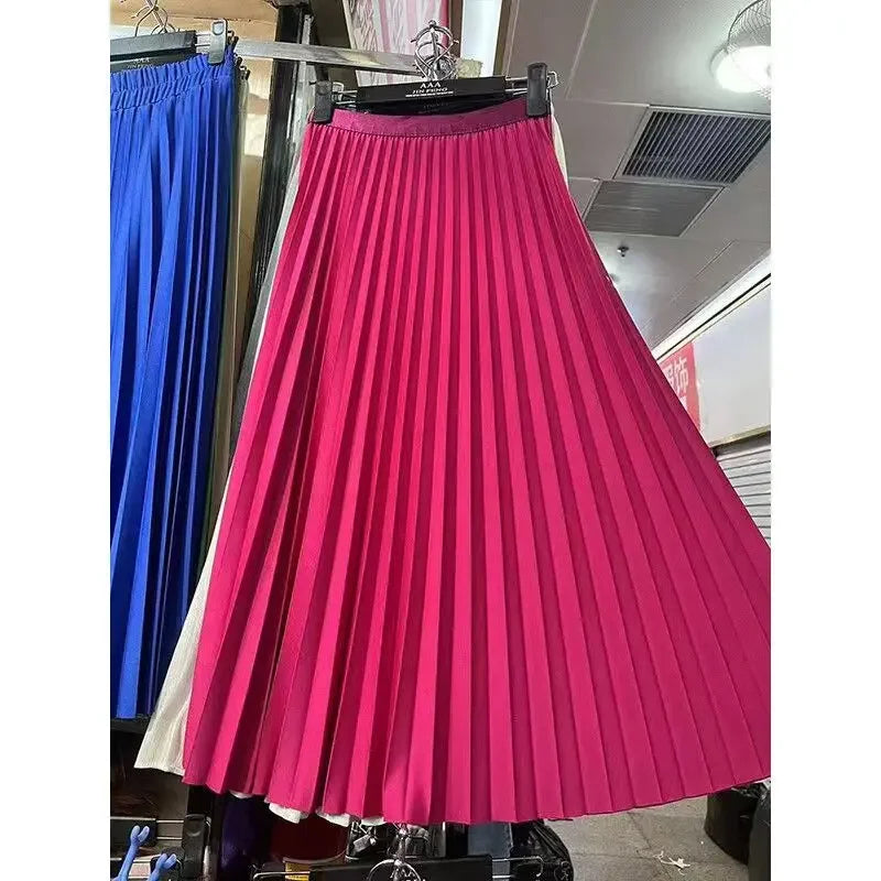 2025 Women Elegant Pleated Skirt High Waist Women Mid-long Skirt Female Ladies High Quality Women Midi Skirt Black Saia