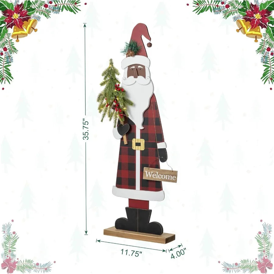 36''H Lighted Wooden Santa Claus Decor with Timer and LED Lights for Outdoor Porch Decoration During Christmas Season Featuring