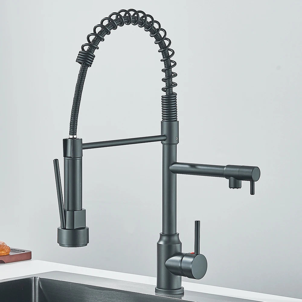 Pull Down Spring Kitchen Faucet Single Lever Hot Cold Mixer Water Dual Spout Nozzle Stainless Steel