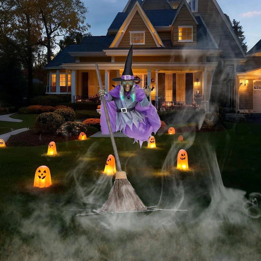 Flying Witch Decoration with Terrifying Sounds and Lights Halloween Props for Garden Lawn Indoor Use