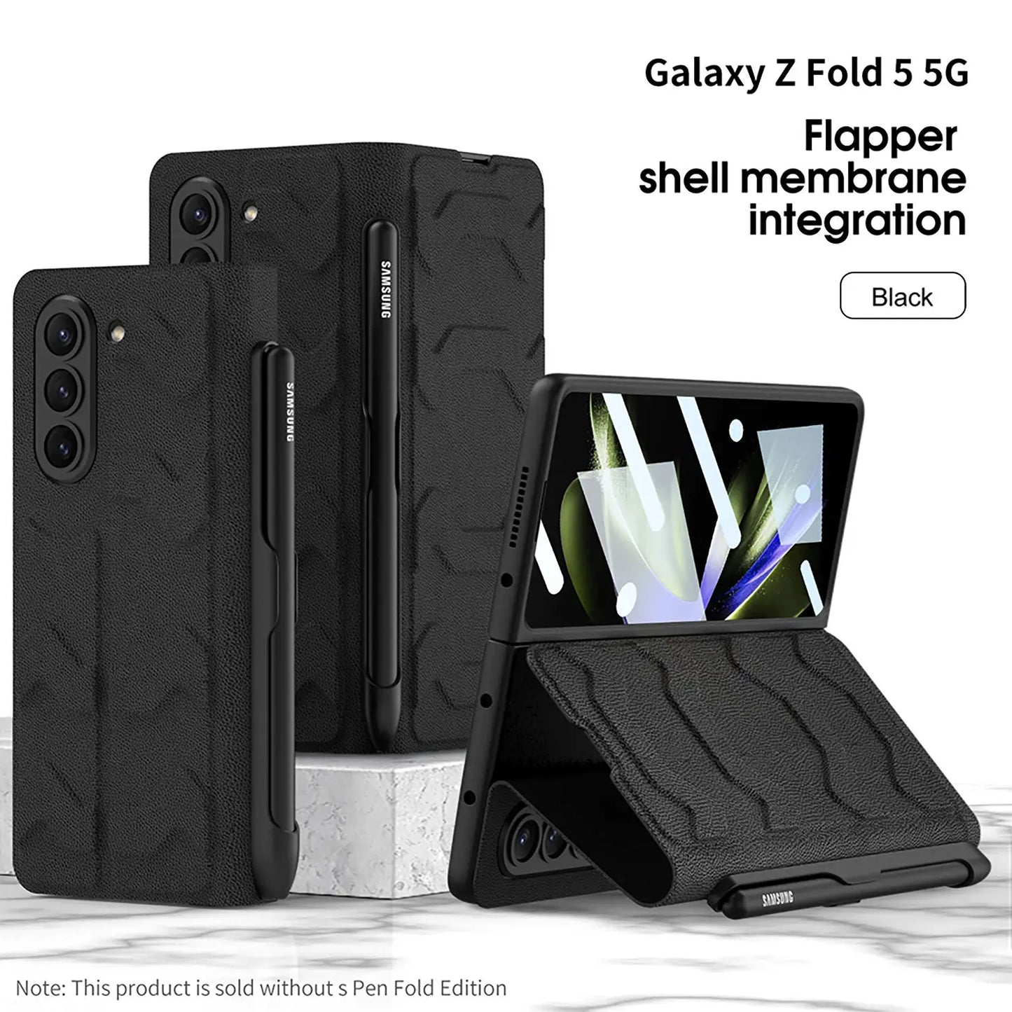 Clamshell Warrior Leather Case for Samsung Galaxy Z Fold 5 with Integrated Side Pen Slot Anti Fall Protection Cover