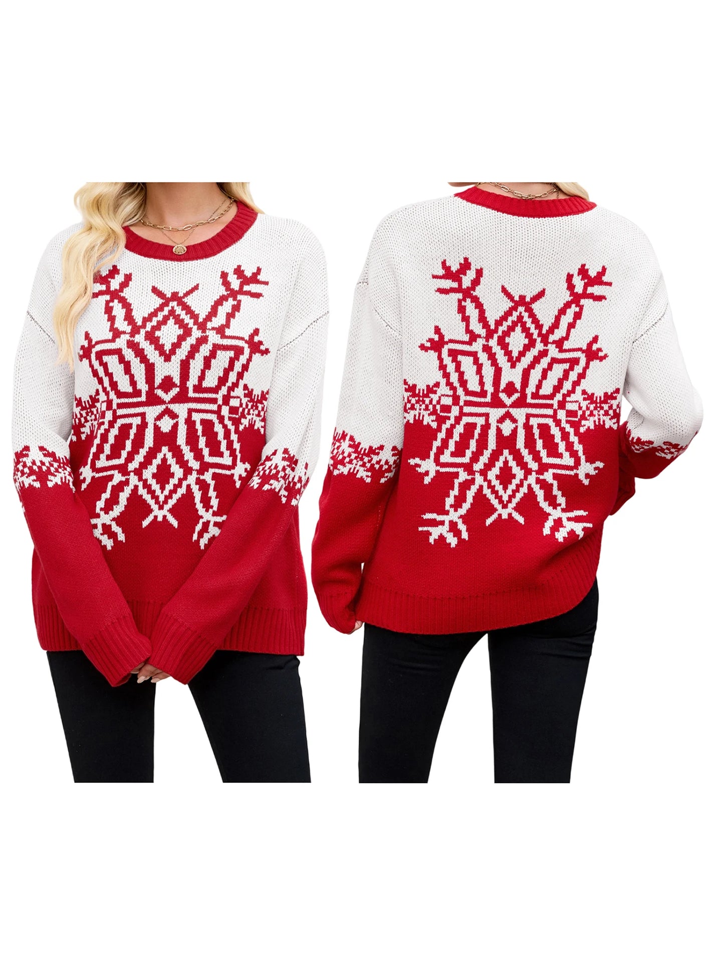 Women s Winter Cozy Sweater Adorable Reindeer Patterned Long Sleeve Crew Neck Knit Jumper Holiday Pullover