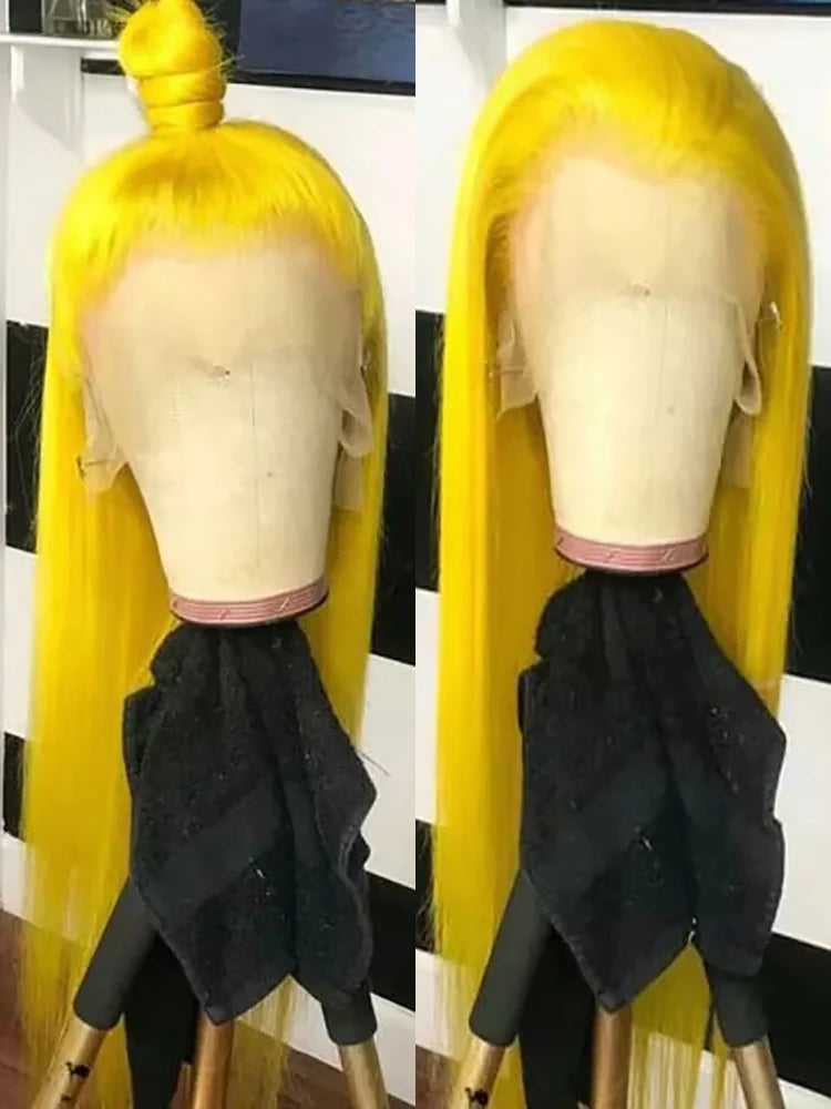Bright Lemon Yellow 13x4 13x6 Transparent HD Lace Frontal Wig Brazilian 100 Percent Raw Human Hair Bone Straight Cosplay Wig