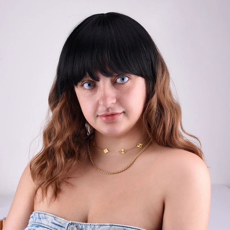 Women Ombre Brown Bob Synthetic Wig Black To Brown Short Wavy With Bangs Shoulder Length Daily Use