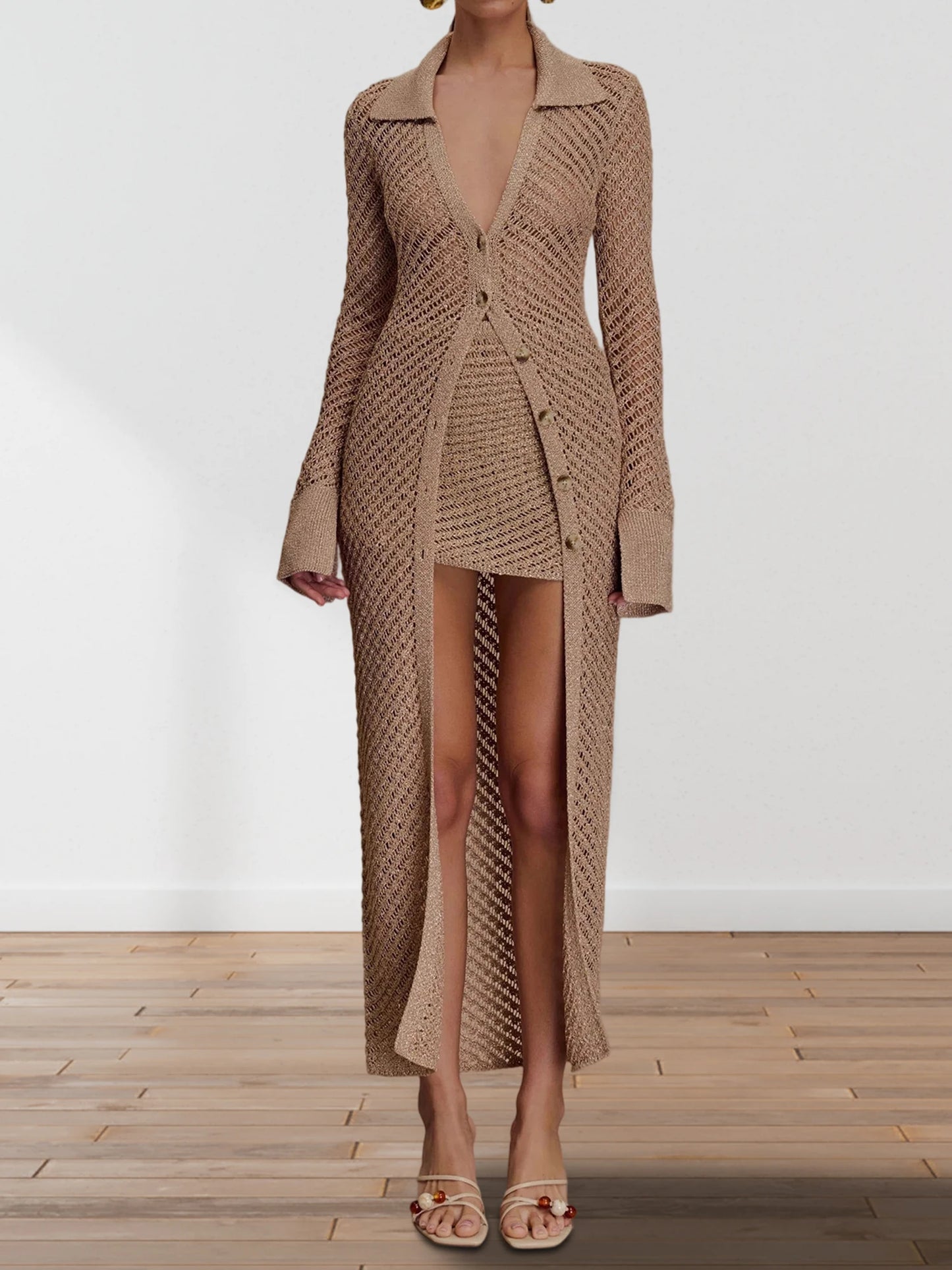 Women s Chunky Knit Cardigan with Chic Cut-Out Accents and Button Front Closure Cozy Lapel V-Neck Sweater Coat for