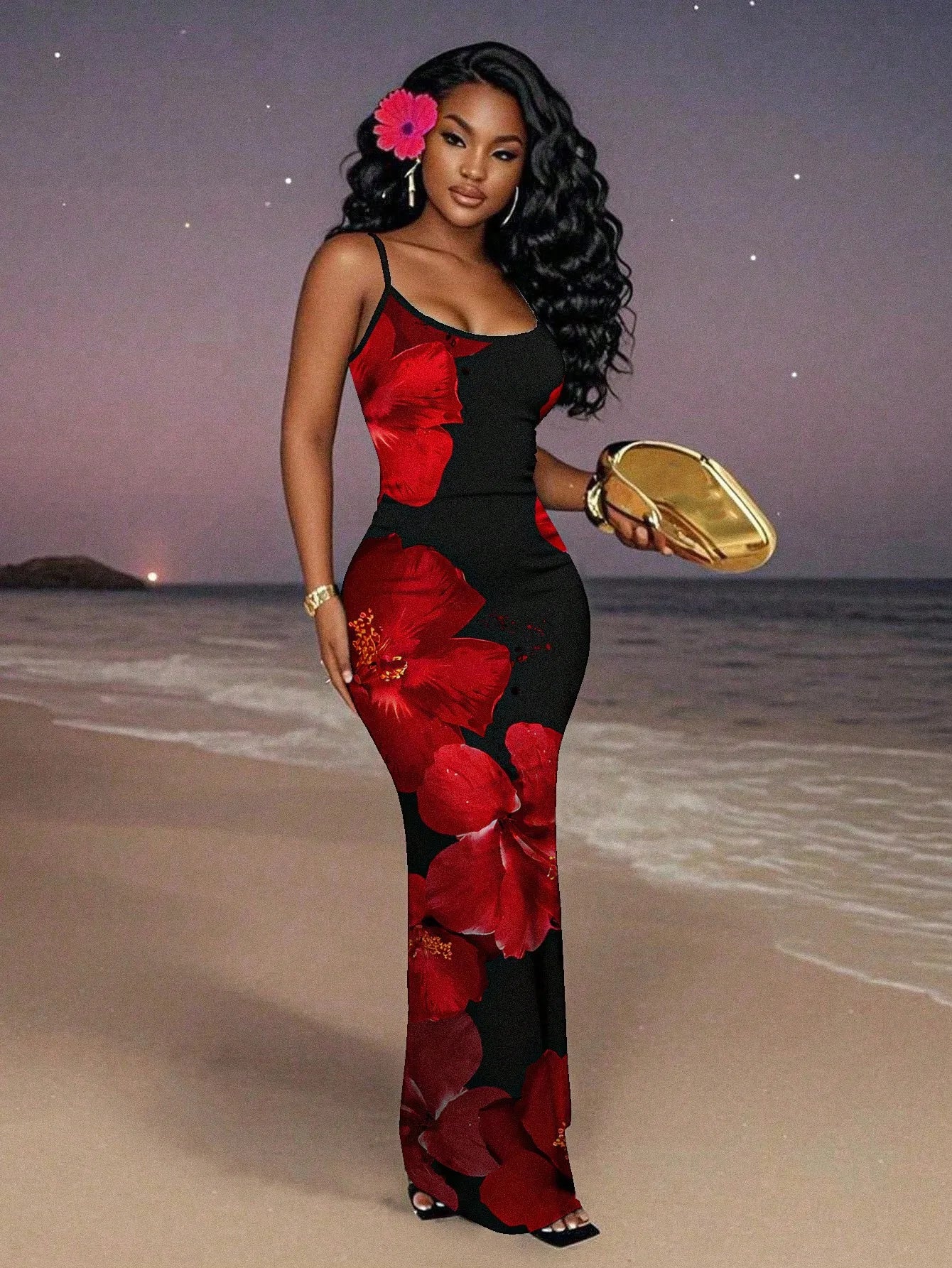 Black Red Floral Maxi Dress for Women, Sleeveless Elegant Evening Beach Vacation Dress