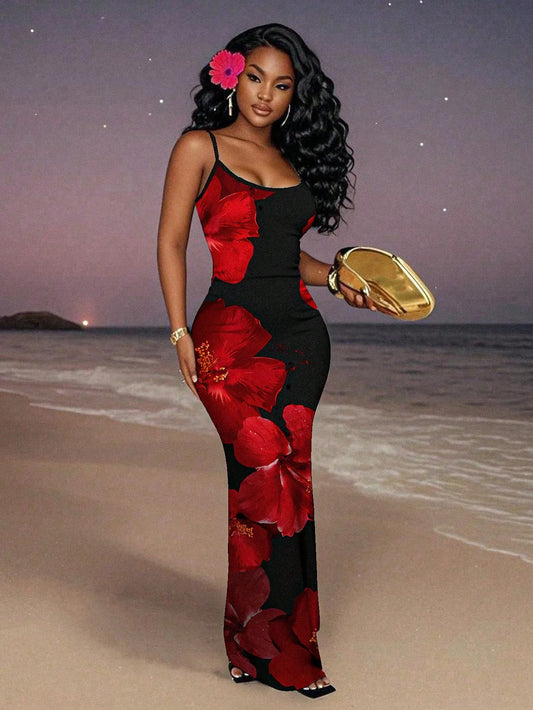 Black Red Floral Maxi Dress for Women, Sleeveless Elegant Evening Beach Vacation Dress