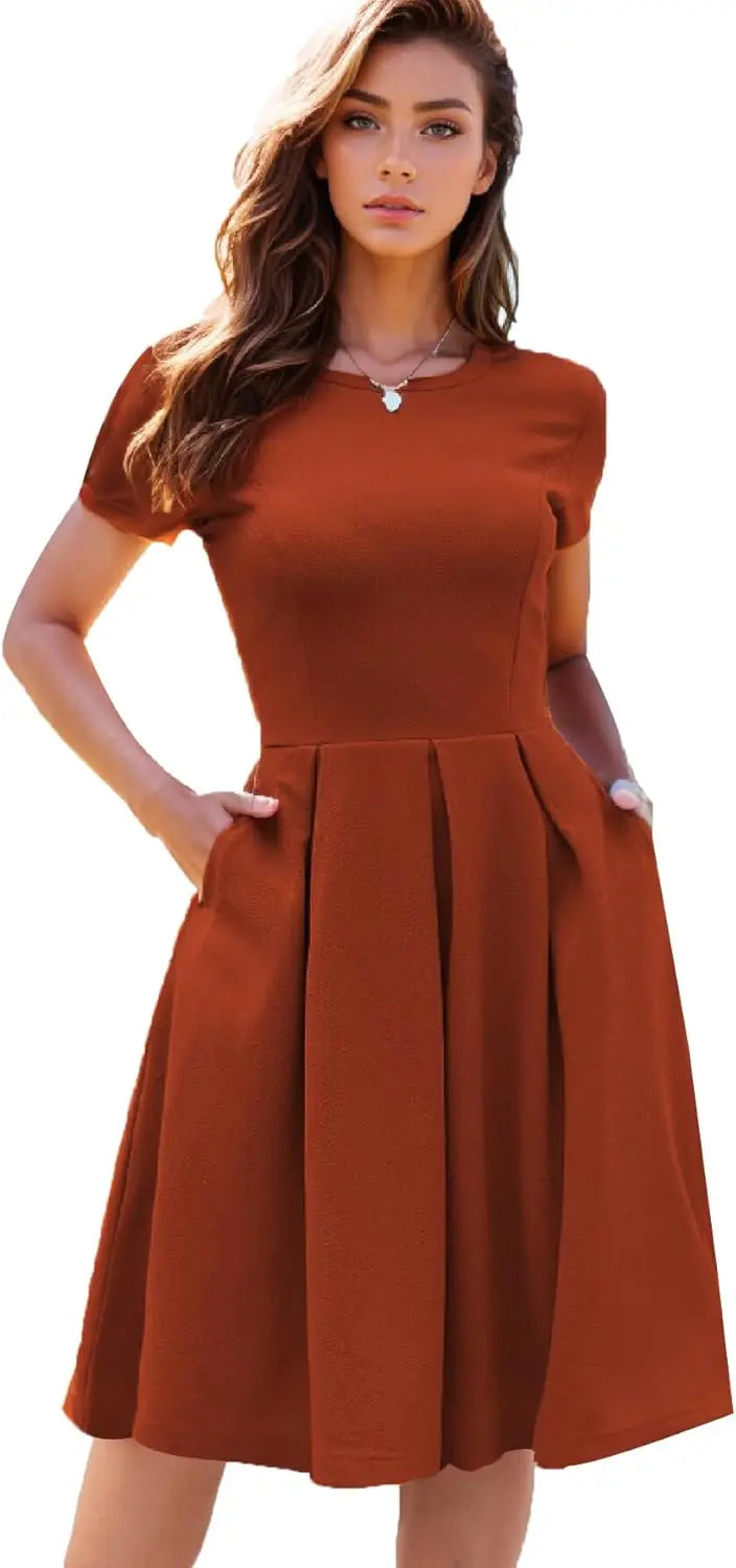 Red A-Line Short Sleeve Dress with Pockets for Women, Summer Party Church Bridesmaid Graduation Occasion