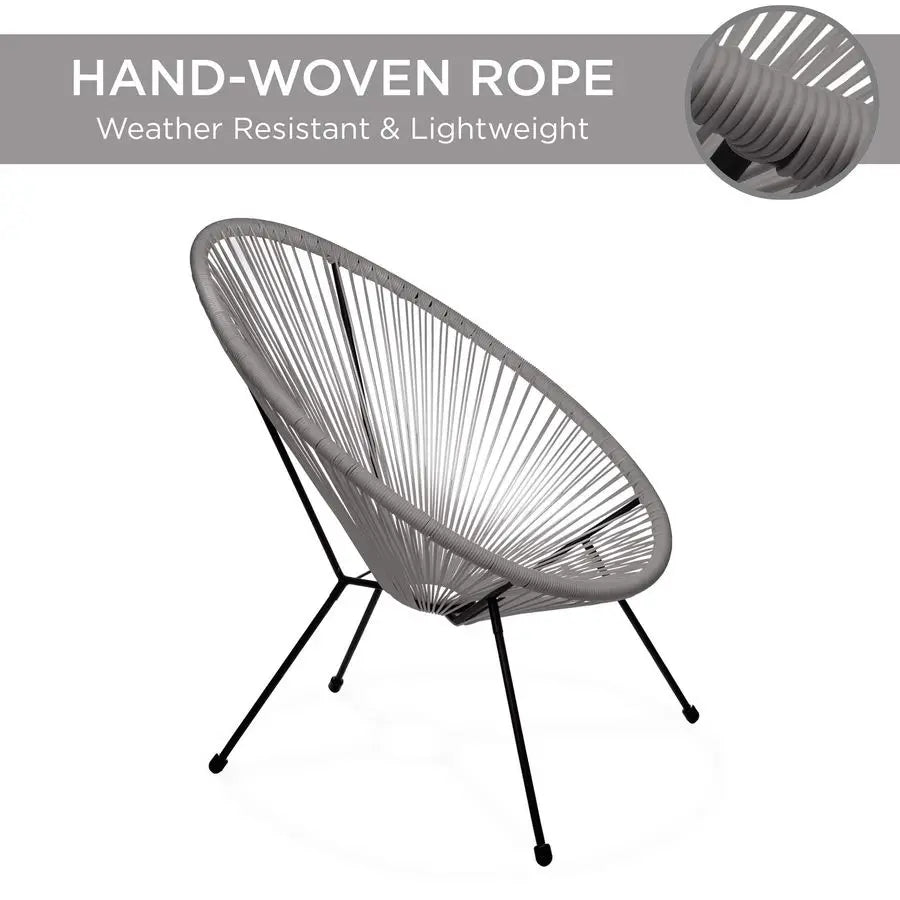 3Piece Outdoor Acapulco AllWeather Patio Conversation Bistro Set w Plastic Rope, Glass Top Table and 2 Chairs Gray