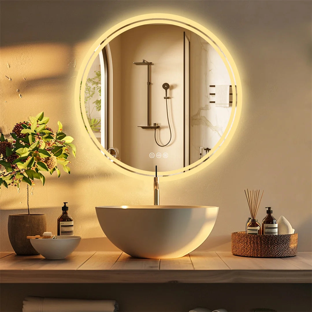 LUVODI 80cm Round Large LED Bathroom Mirror Backlit Built-in Touch On/Off Dimming Anti-fog Wall Mounted Mirror