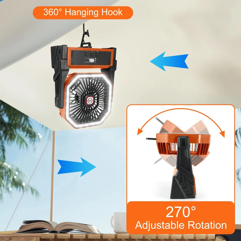 20000mAh USB Rechargeable Camping Fan 4 Speeds 360 Degree Hanging Hook Fan with LED Lights Remote Control for Outdoor Use