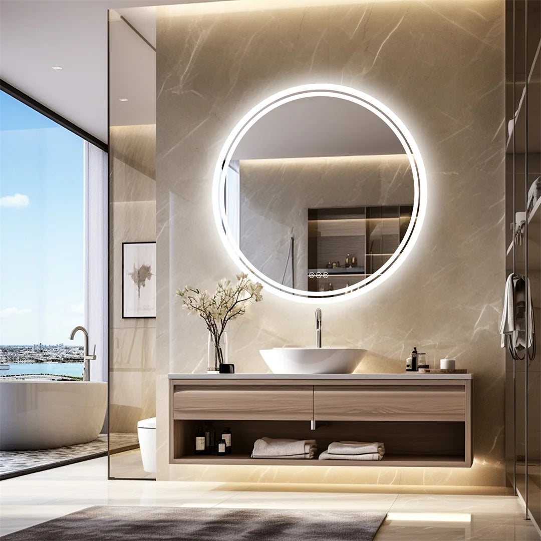 LUVODI 80cm Round Large LED Bathroom Mirror Backlit Built-in Touch On/Off Dimming Anti-fog Wall Mounted Mirror
