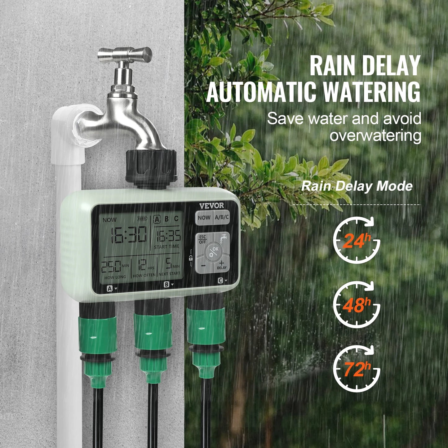 VEVOR Water Timer 3 Outlets Hose 3 Independent Watering Zone LCD Display Rain Delay Mode Manual Mode, Watering Sprinkler Timer