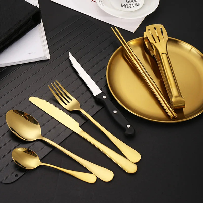 Outdoor Stainless Steel Cutlery Set Portable Travel Camping High End Barbecue Plate Food Clip Knife Fork Spoon