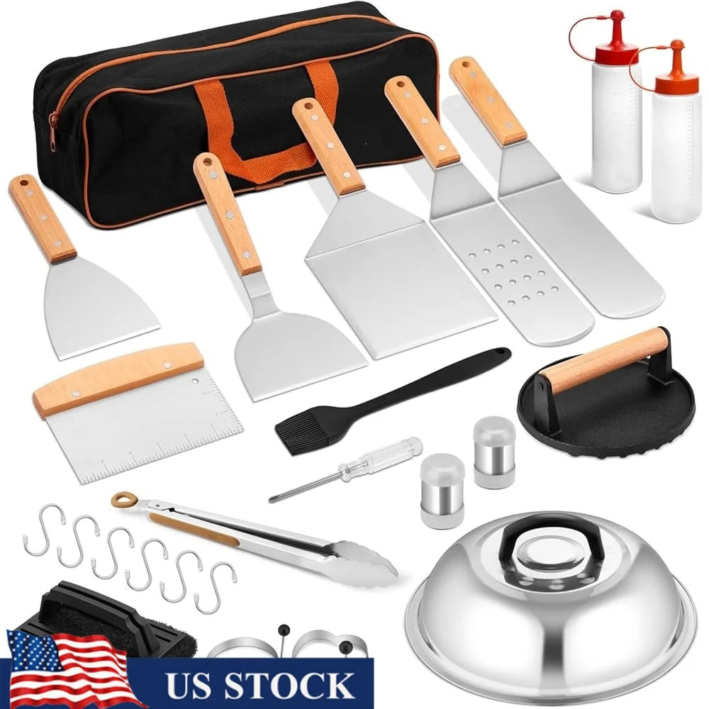25 Piece Griddle Accessories Set Flat Top Grill Tools Stainless Steel Spatulas Scraper Basting Cover Ideal for BBQ Cooking