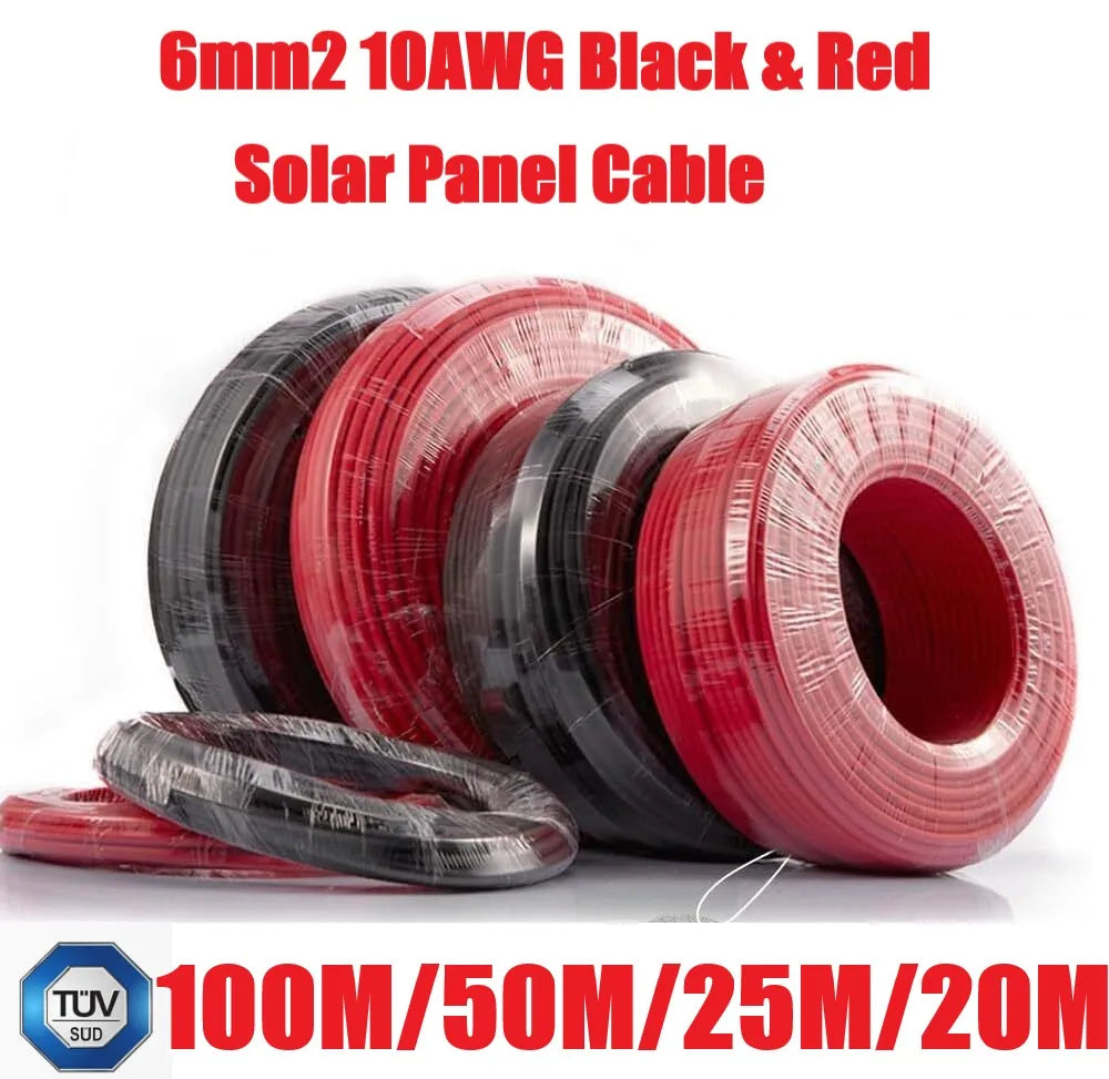 PowMr 6 mm² Solar Cable 100M 50M 25M 20M Black and Red Extension Wire 10AWG TUV Solar Panel Cable DIY for Photovoltaic System
