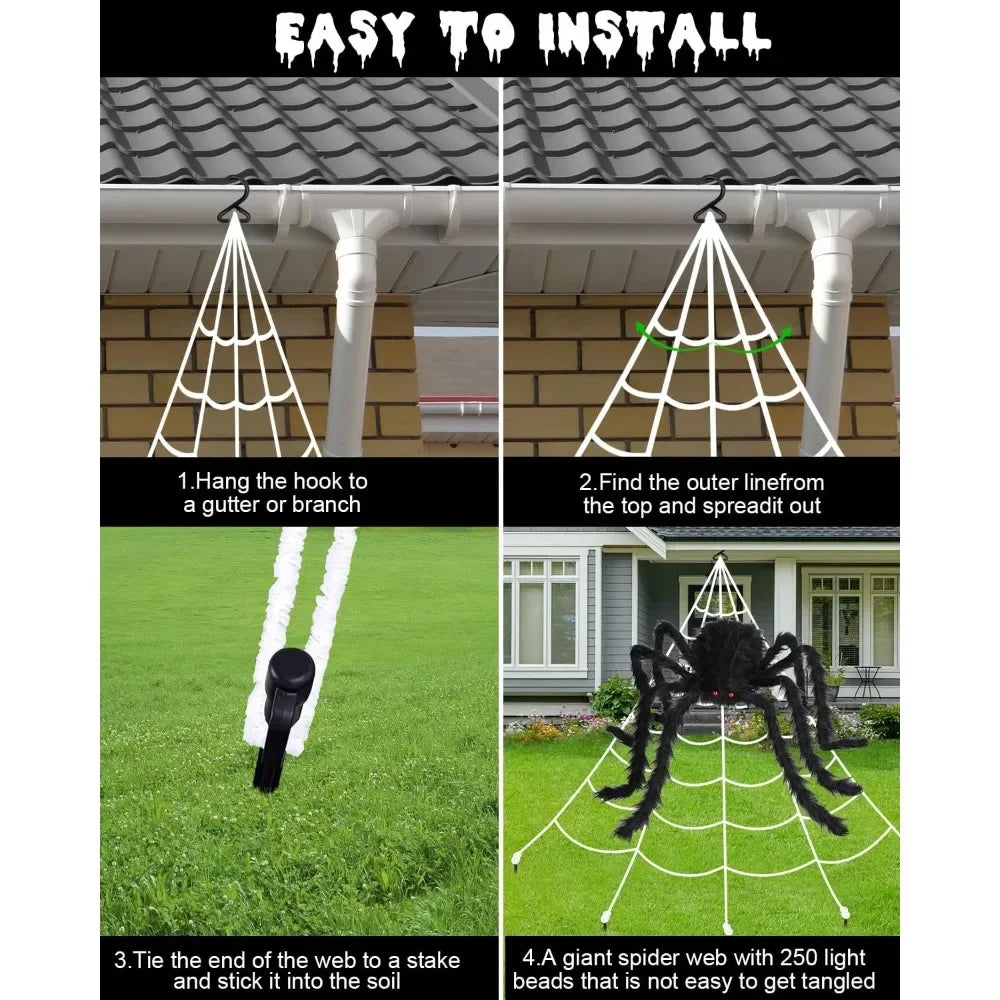 Halloween Decorative Light 48 Inch Giant Spider with Remote Control and Spider Web Outdoor Halloween Decoration