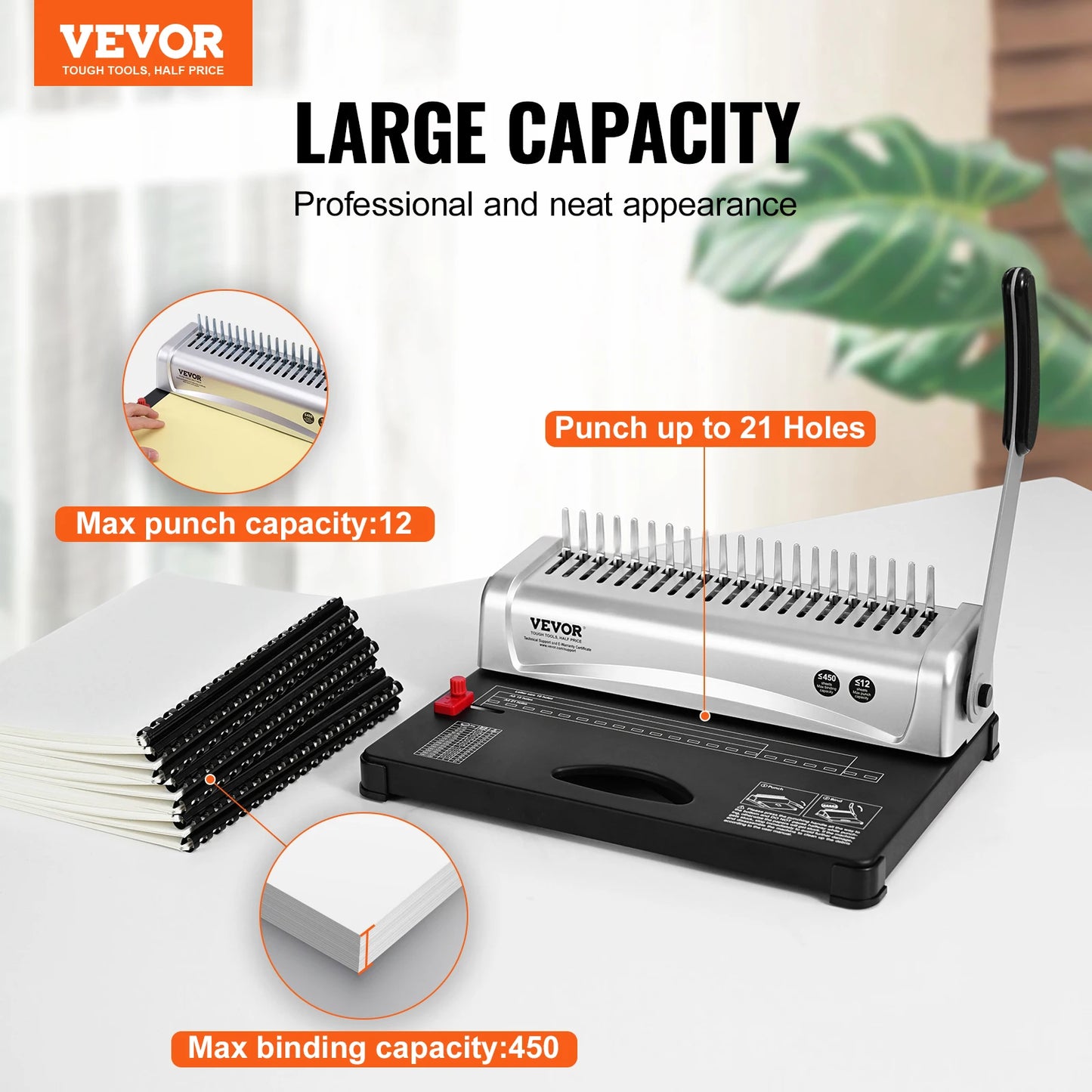 VEVOR Comb Binding Machine 21 Holes 450 Sheets Book Binder with 100 Pieces 3/8 Inch Comb Binding Spines