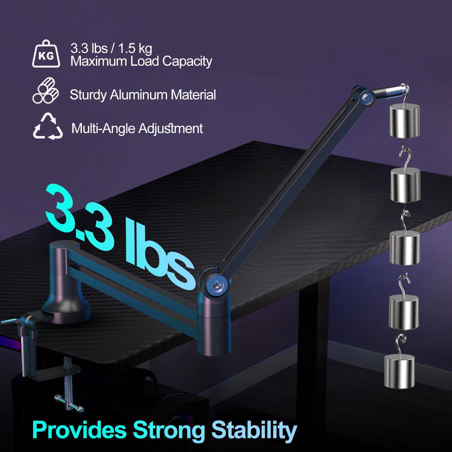 Boom Arm 360 Degree Rotatable Low Profile Microphone Stand Foldable Mic Arm Holds Up to 1.5kg with 3/8 Inch to 5/8 Inch Screw Adapter