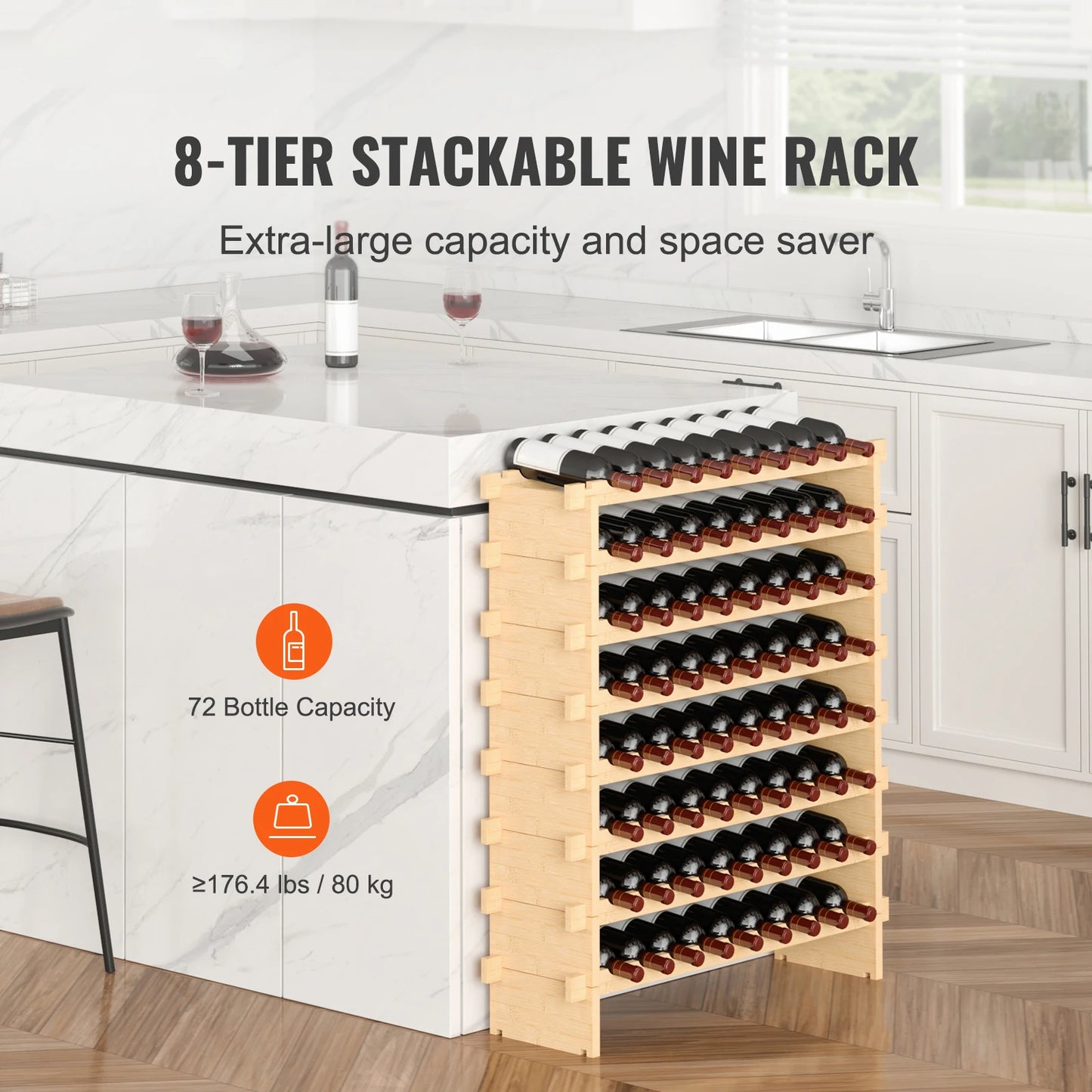 SucceBuy 48/72 Bottle Stackable Modular Wine Rack Free Standing Wine Storage Rack Bamboo Wine Holder Display Shelves for Cellar